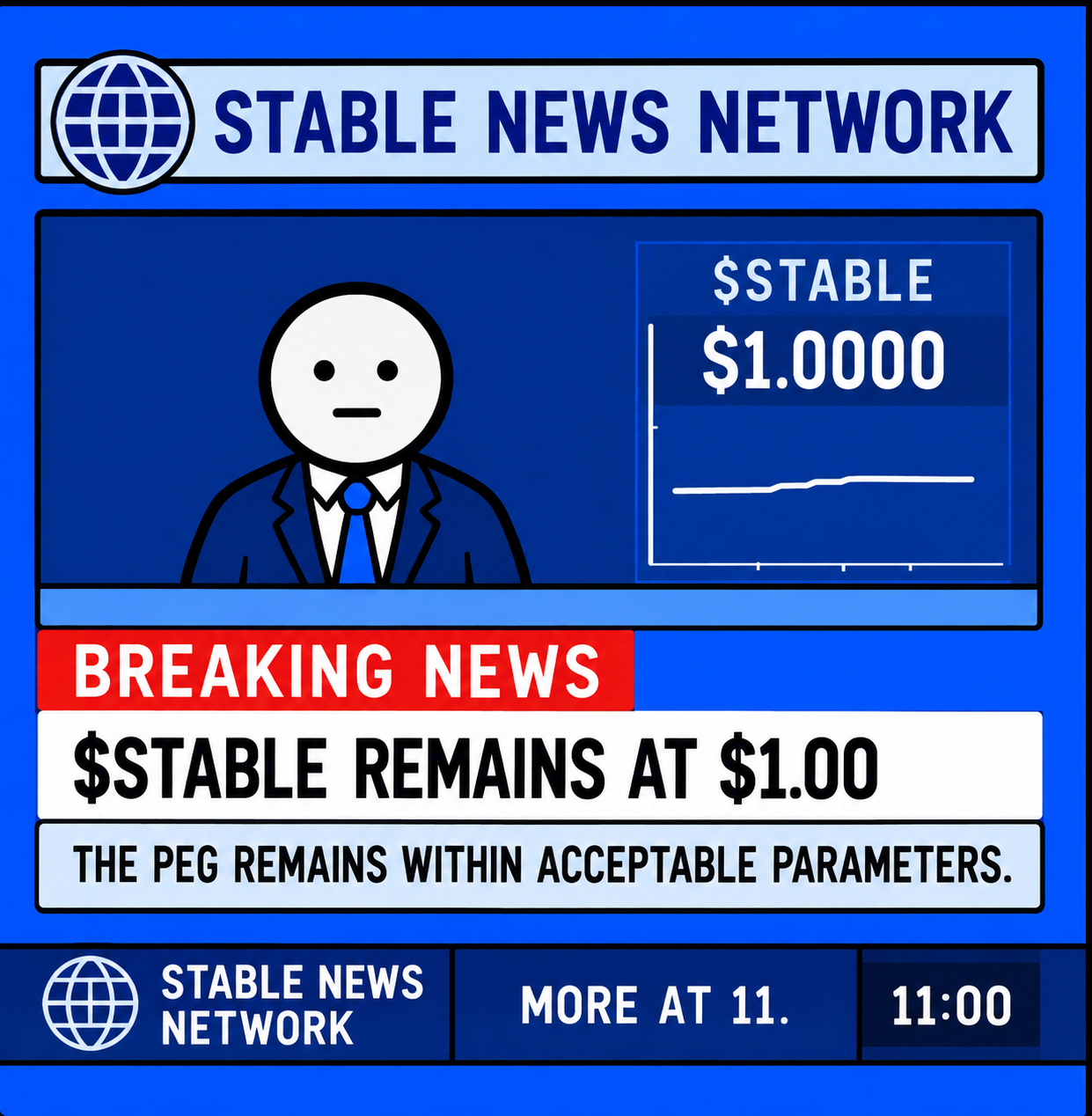 Stable News Network. A deadpan news anchor reports breaking news: $STABLE remains at $1.00. The peg remains within acceptable parameters.